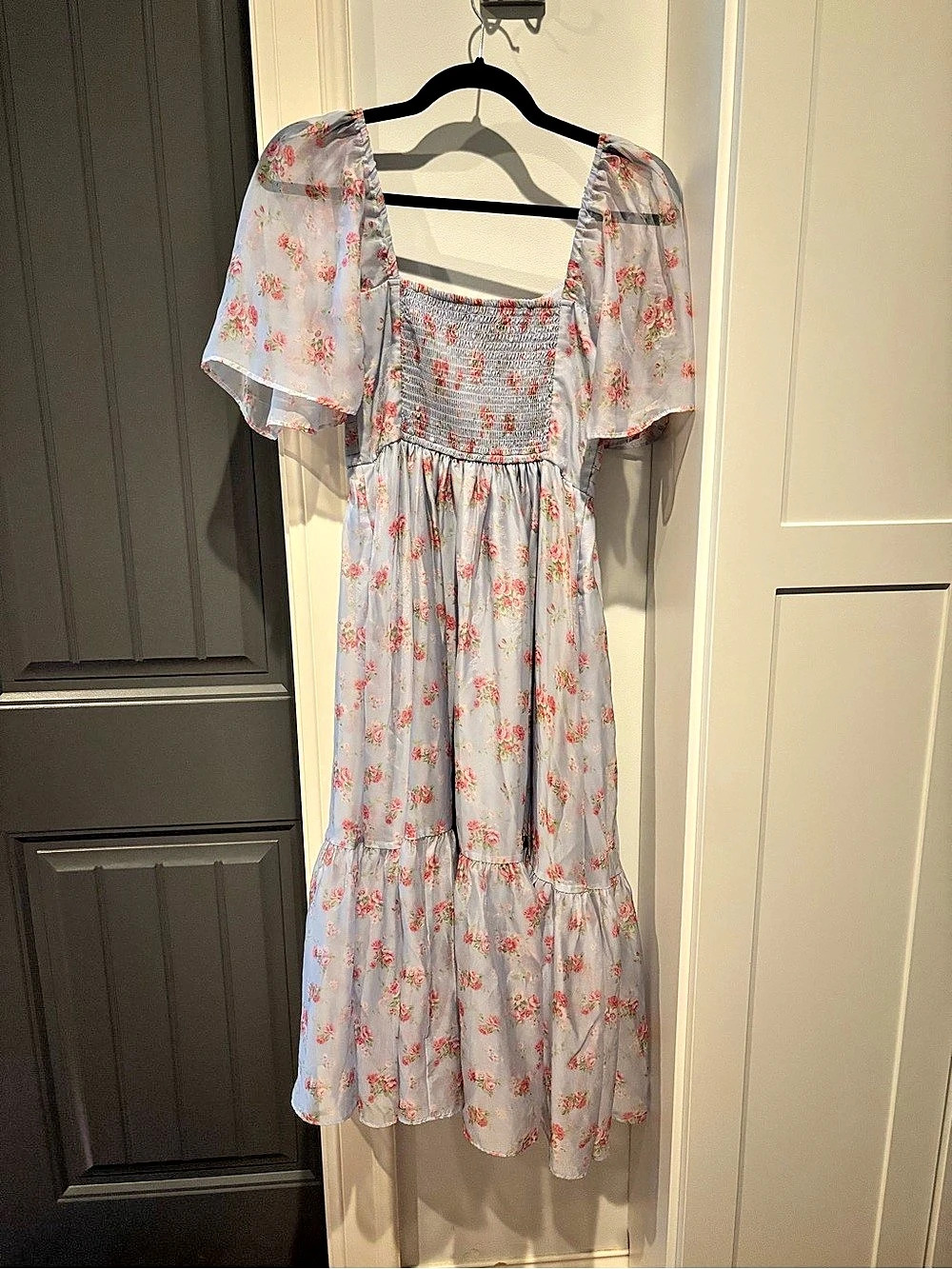 Abercrombie & Fitch Emerson Puff Sleeve Midi Dress Blue & Pink Small